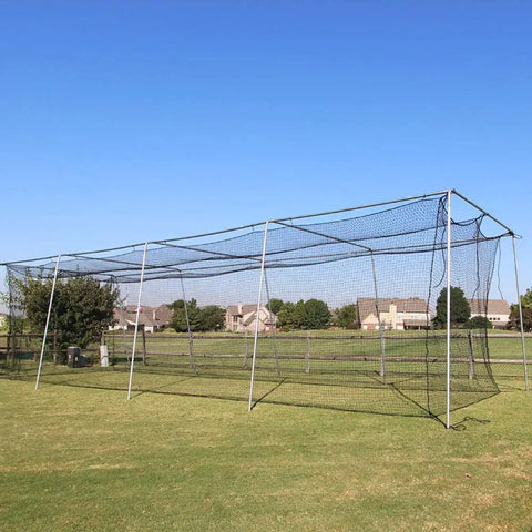 Heavy Duty Twisted Poly Baseball And Softball Batting Cage Net 30 By 12 By 10 Feet Multicolor Practice Net Built Tough With Sag Resistant Top Ropes And Overlapping Door installed in a field.