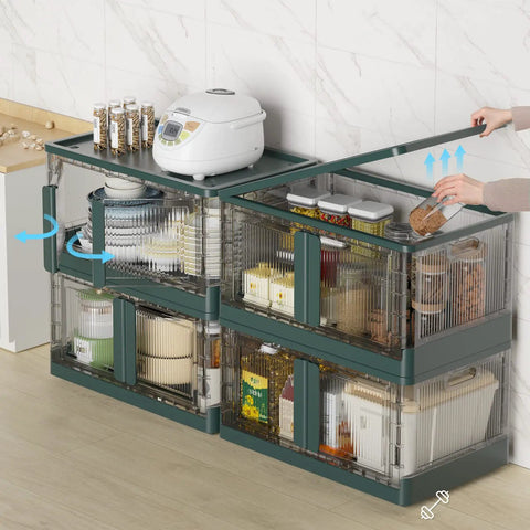 Kickass 19 Gallon Heavy Duty Foldable Storage Bin With Snap On Front Opening And Secure Lid Stackable Plastic Organizer Box Dope Green in garage setup.