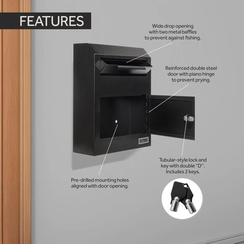 Beefy Heavy Duty Steel Wall Mount Drop Box Deposit Safe 12 By 4 By 15 Inches with features labeled and open door