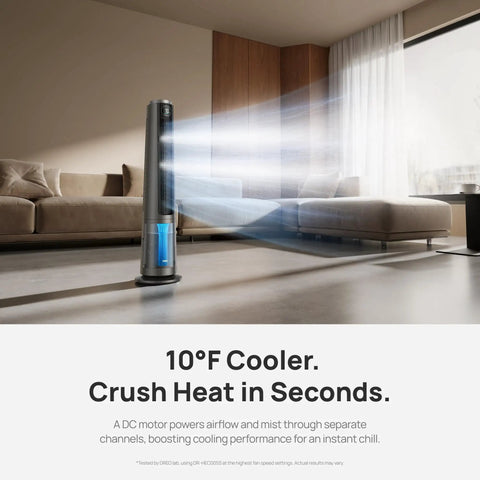 TurboCool Misting Fan 765S Ultrasonic Cooling Tower in a modern living room, showing misting action and cooling effect in grey.