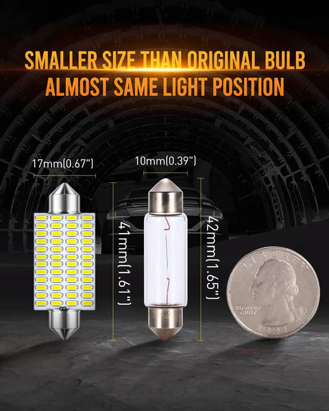 Comparison between Xenon White LED Car Interior Bulbs 570 Lumens Each and original bulb size with coin for scale