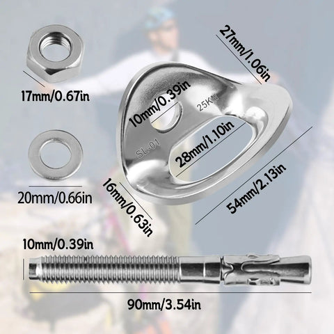 Bulletproof Stainless Steel Climbing Anchor Bolt Set Of 8 With 25KN Load Rating For Three Eighth Inch Bolts showing dimensions and components.