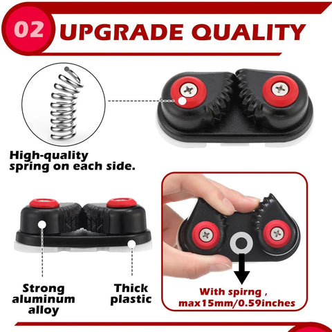 3 Pack Kayak Cam Cleats Aluminum Rope Cleats for Boats with lines up to 5 eighths inch, close-up of cleats with springs and aluminum alloy