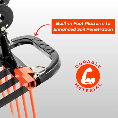 Broad Fork For Gardening Portable Ergonomic Garden Tool with built-in foot platform, durable material label visible.