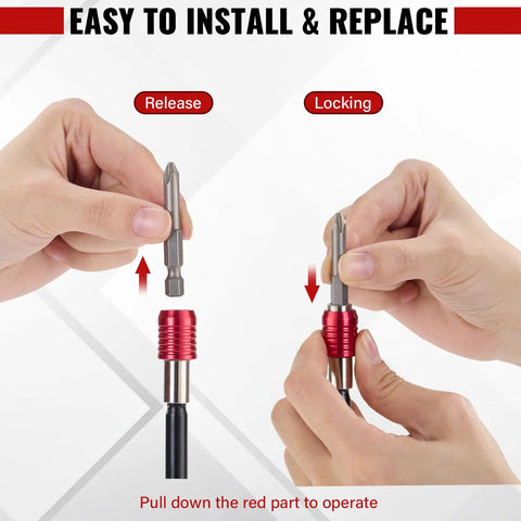 Hands demonstrating Magnetic Drill Bit Extension Set Four Piece Kit With 2 In, 4 In, 6 In, 12 In Lengths Quarter Inch Hex Quick Release