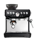 Barista Grade Espresso Machine With Integrated Conical Burr Grinder Bean To Cup Coffee Maker Featuring Manual Steam Wand For Creamy Microfoam And Show Stopping Latte Art In Modern Black Truffle Finish Top Shelf, front view.