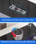 Multifunctional Black Stainless Steel Kitchen Faucet 26.8/29.5/31.5/33.5/90cm Integrated Sink Accessories for Modern Cooking (75x46x22cm) showing LED temperature display and handwheel switch.