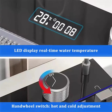 Multifunctional Black Stainless Steel Kitchen Faucet 26.8/29.5/31.5/33.5/90cm Integrated Sink Accessories for Modern Cooking (75x46x22cm) showing LED temperature display and handwheel switch.