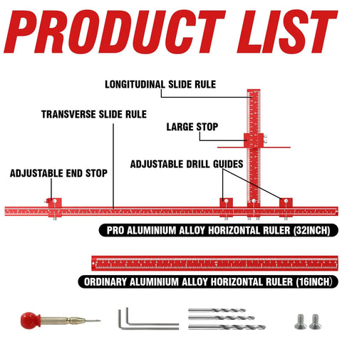 Premium Extended Cabinet Hardware Jig Kit For 32 Inch And 16 Inch Drawers With Heavy Duty Aluminum Build To Speed Up Installations Without Measuring Hassle For Easy DIY Remodeling Projects Right Now, red aluminum jig with drill guides