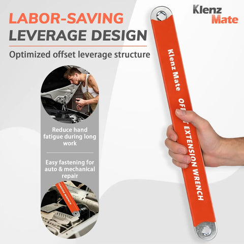Hand holding Klenz Mate Offset Extension Wrench from Offset Extension Wrench Kit With Quarter Inch, Three Eighth Inch, Half Inch Drive Adapters And Quarter Inch Socket For Flexible Reach In Tight Spaces, Quick Swaps, Built Tough For Auto DIY.