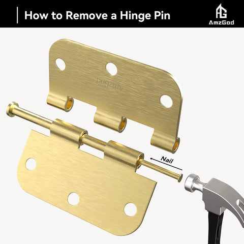 Built Tough Satin Brass Door Hinges 12 Pack 3 1/2 Inch Solid Iron rounded corners with nail removal instructions