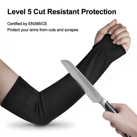 Person wearing Level 5 Cut Resistant Sleeves 2 Pack With Thumb Holes, 18 Inch Extra Long Arm Guards while holding a knife
