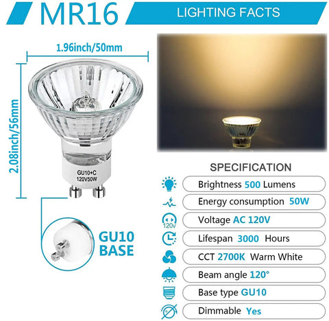 GU10 50W Halogen Replacement Bulbs For Candle Warmer Lamps, Track Lighting And Range Hoods, 120V Dimmable With Glass Cover