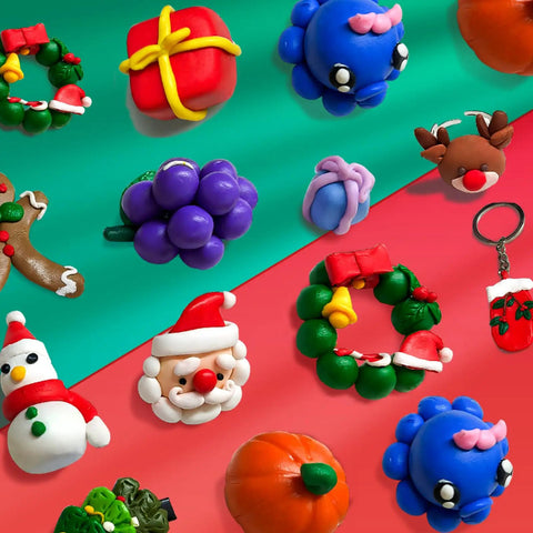 Colorful clay Christmas ornaments and decorations created with 70 Color Polymer Clay Kit With Oven Bake Clay For Kids And Adults Diy Sculpting Molding Clay Set With Tools And Jewelry Accessories Arts And Crafts Gift For Boys And Girls Safe Non Toxic Craft Kit.