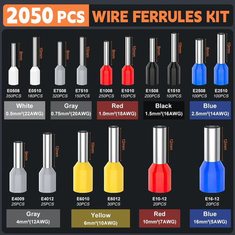 Ferrule Crimping Tool Kit All-In-One With Self-Adjusting Pliers, 0.08-16 Mm2 AWG 30-5, Includes 2050 Wire Connectors
