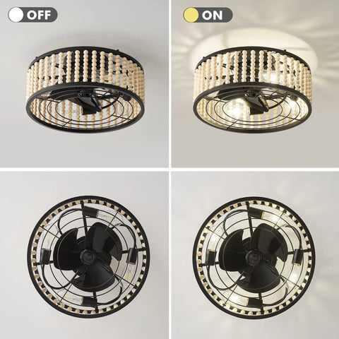 Beaded Caged Ceiling Fan With Lights And Remote 19 Inch Flush Mount Black Finish Bead Trim Design 6 Speeds Reversible Motor Bulbs Included Modern Farmhouse Style