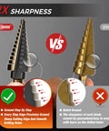 Step Drill Bit Set With 50 Sizes, Titanium Coated HSS Bits demonstrating sharpness comparison, showing ground vs batch ground edges.