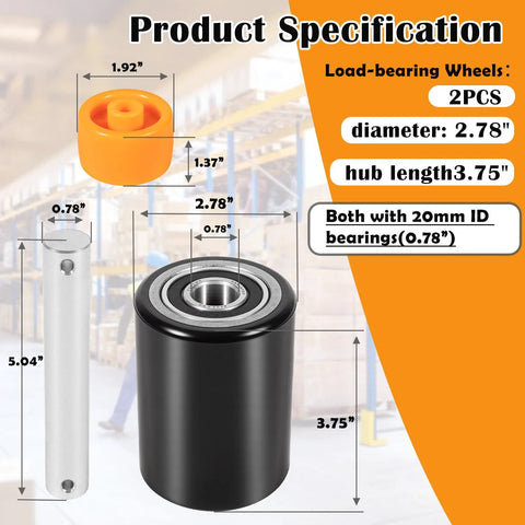 Product specifications of Front Load Pallet Jack Wheels Replacement Kit For PTH50, Pair Front Load Rollers 2.78 By 3.75 Inch