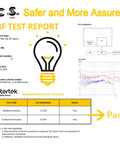 Image of a safety test report showing RF test results with certification details and a yellow 'Pass' indicator