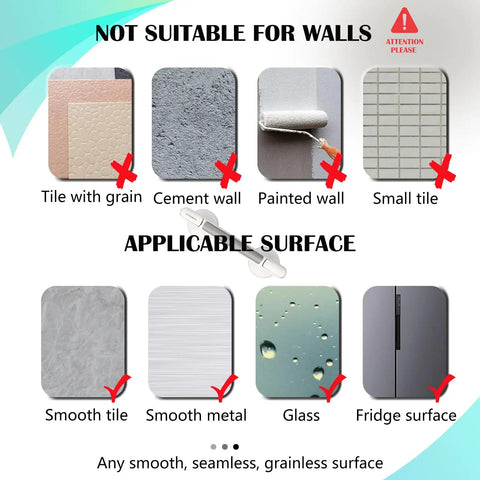 Surface compatibility guide for 12 Inch No Drill Shower Grab Bar with Strong Suction Cup Safety Hand Rail.