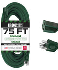 Weatherproof 75 Ft Outdoor Extension Cord 16/3 SJTW Heavy Duty Green 3 Prong 10 Amp Exterior Power Cable For Lawn Tools