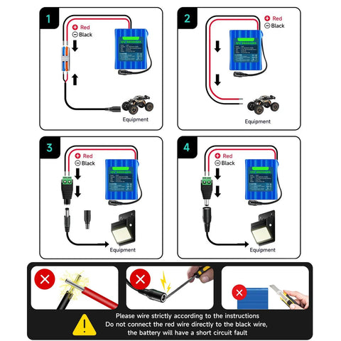 Installation diagram for 12V 5600mAh Lithium Battery With Charger And Bare Leads For DIY Projects, RC Cars, Robots, Speakers