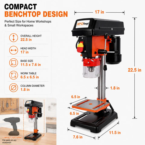 Heavy Duty 8 Inch Benchtop Drill Press Featuring A Robust 400W Induction Motor And Five Speed Settings, compact design with adjustable worktable.