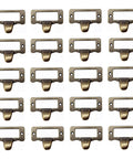 Set of 20 Antique Iron Cup Pull Handles for Cabinets and Drawers Bronze Tone Finish arranged in rows, front view.