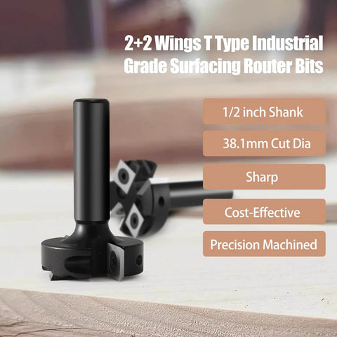 Pro Level Spoilboard Surfacing Router Bit With 1/2 Inch Shank, 1-1/2 Inch Cutting Diameter, 2 Plus 2 Inserts visible on table