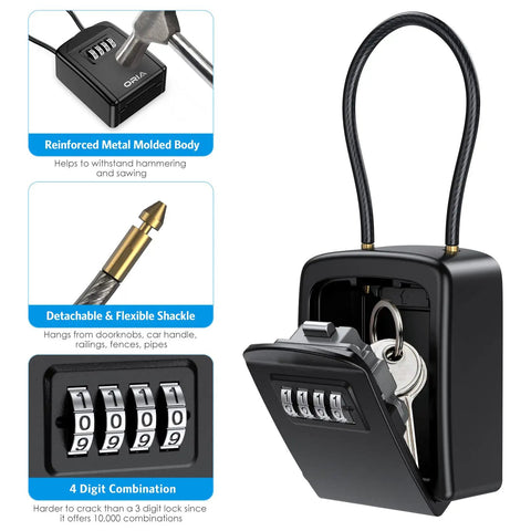 Outdoor Key Lock Box With 4-Digit Combination, Tough-As-Nails Water-Resistant Safe Box For 5 Keys, Removable Chain shown open