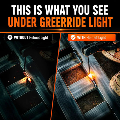 Comparative welding views using Rechargeable Welding Helmet Light Attachment With LED Front Beam For Hard Hats And Firefighter Helmets Ultra Lightweight Two Oz Headlamp Mount 200 Lumen Headlamp For Welding Hood And Hard Hat Accessories Long Battery Life, showing increased visibility with helmet light.