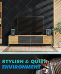 Fifty Pack High Density Acoustic Foam Panels For Walls Premium Thickness Sound Absorbing Studio Wedges Kills Echoes And Room Boom Pro Level Treatment For Home Setups Or Practice Studios Quick Stick Matte Black Cover mounted on a stylish black wall.