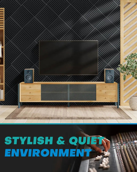 Stylish living room setup with black acoustic foam panels, TV, and speakers to Crush Echo And Level Up Your Home Studio Setup With This Solid 96 Pack Of High Density Black Acoustic Foam Panels That Absorb Noise And Smooth Room Vibes While Keeping Things Real Clean.