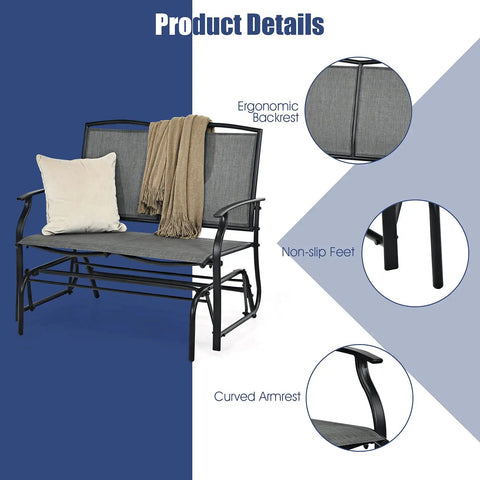 Outdoor Glider Bench For Patio And Backyard With Steel Frame That Handles 400 Lbs Two Person Loveseat Swing Rocker Great For Poolside Lawn Balcony And Porch Hangouts Gray with ergonomic backrest and curved armrest