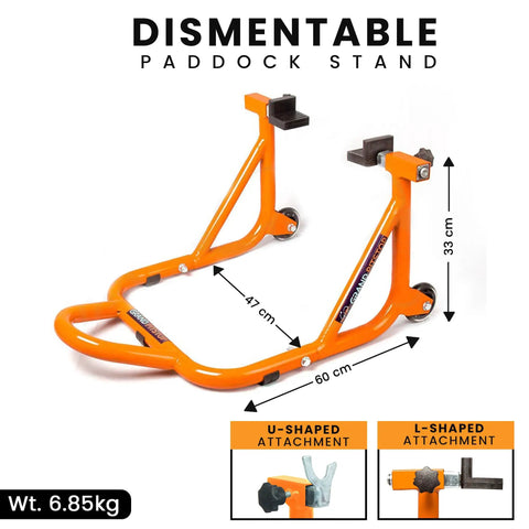 Beefy Paddock Lift Stand For Rear Wheel With Fork And Swingarm Spool, Heavy Duty Motorcycle Stand, 529 Lbs Capacity, Orange