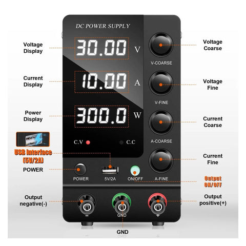 Dope Lab Grade DC Bench Power Supply 30V 10A Plus 60V 5A 120V Switching Regulated Dual Input Dual Display Low Ripple High Efficiency Compact Power Source For Motor Tests And Mobile Electronics Repair front panel with dual displays and control knobs