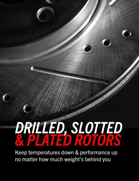 Close-up of drilled and slotted rotors from Front And Rear Brake Kit With Carbon Fiber Ceramic Pads And Drilled And Slotted Rotors For Chrysler Aspen 2007 2009, Dodge Durango 2007 2009, Ram 1500 2006 2018 Beefed-Up Truck And Tow Upgrade K2164-36.
