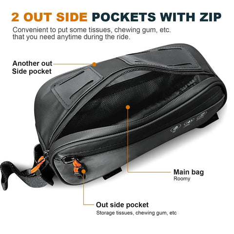 Dope Bike Triangle Frame Bag With 2 Side Pockets And 3 In 1 Top Tube Bag Waterproof MTB Pouch showing black design and zipper pockets.
