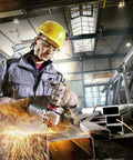 Worker using 6 Inch Angle Grinder With 13.5 Amp Power, 9,600 RPM, cutting through metal in industrial setting with safety gear.