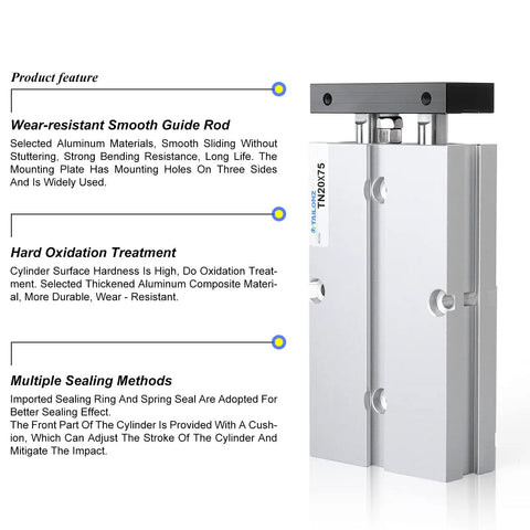 Side view of 20mm Bore 75mm Stroke Double Rod Double Acting Aluminum Pneumatic Air Cylinder TN20-75 with M5 Port, showing features.