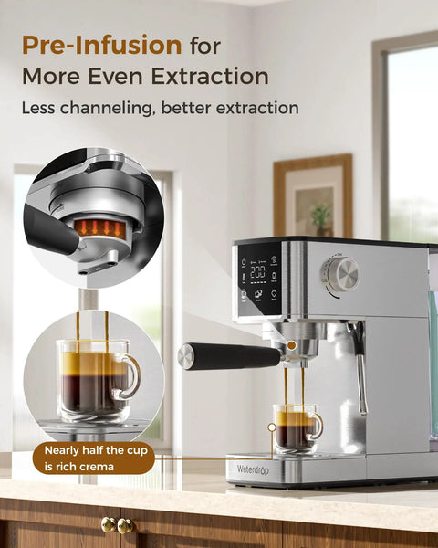 Semi Automatic Espresso Machine With 20 Bar Pressure And Built In Activated Carbon Water Filter Cutting Chlorine For A Crystal Clear Flavor Kick Daily Morning Fuel Compact Countertop Setup pouring espresso with rich crema