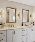 Bosomfr 14.8in Wall Sconces Rechargeable Battery Operated Wall Light in modern bathroom with mirrors and gold accents.
