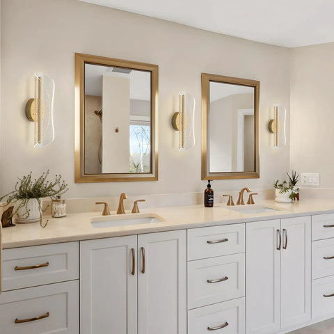 Bosomfr 14.8in Wall Sconces Rechargeable Battery Operated Wall Light in modern bathroom with mirrors and gold accents.