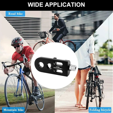 Chain Tensioner Adjuster For Single Speed Bikes Fixie And BMX With Dope Aluminum Alloy Build showing universal fit for various bikes