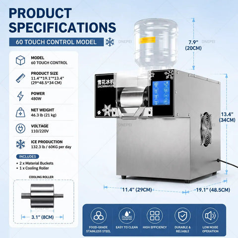 Heavy Duty Commercial Fluffy Ice Maker And Quick Chill Shaved Ice Machine, stainless steel, 11.4x19.1x13.4 in, for desserts and smoothies.