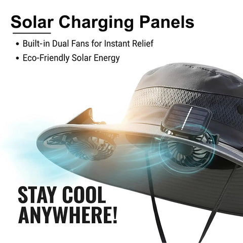 Wide Brim Solar Fan Sun Hat For Men And Women, UPF 50 Plus UV Protection, Built In Cooling Fan, solar panels visible