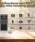 Pocket Mini FM Radio And MP3 Player With USB TF Card Support and features displayed