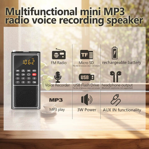 Pocket Mini FM Radio And MP3 Player With USB TF Card Support and features displayed