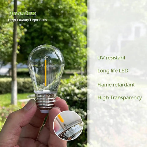 Hand holding 24-Pack LED S14 String Light Bulbs, 1W Shatterproof Plastic Edison Style in garden background.