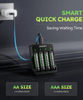 Heavy Hitter Rechargeable AA Batteries With Fast Charge Hub showing smart charger dock with AA batteries plugged in.